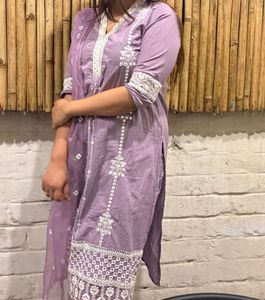 Lavender Kurta Set with White Embroidery