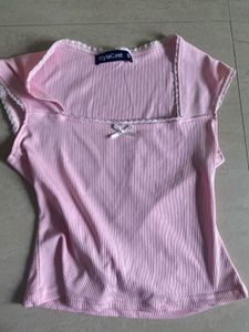 Cute Pink Ribbed Top with Bow