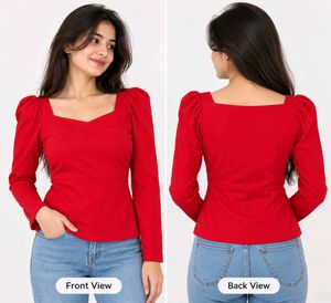 Chic Red Sweetheart Neck Puff Sleeve Top