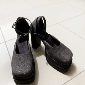 Black shimmer double platform heels