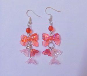 Cute Pink Bow & Flower Dangle Earrings