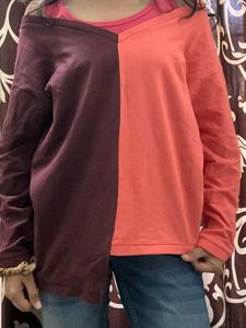 Maroon &amp; Coral Color-Block Off-Shoulder Top