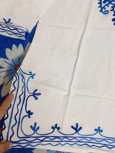White Kurta with Blue Embroidery