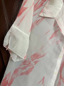 Sheer White &amp; Pink Print Button-Up Top