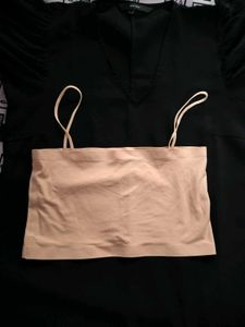 Vero Moda Black Sheer Sleeve Top with nude camisol