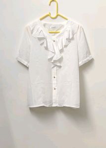 Korean White Semi Ruffled Neck Button Up Sheer Top