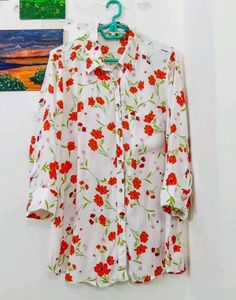 White Floral Print Button-Up Shirt