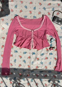 Cute Pink Lace Trim Peplum Top