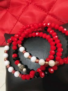 Vibrant Red crystal, white pearl Bracelet Set
