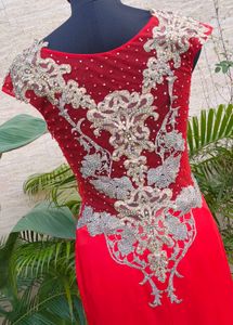 red embroidered gown