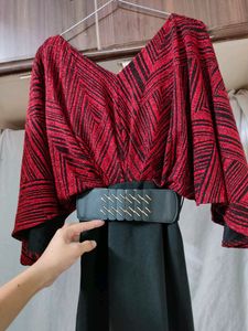 Shimmering Red Black Slit Dress