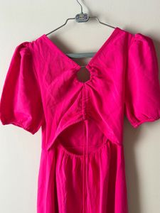 Hot Pink Puff Sleeve Square Neck Mini Dress