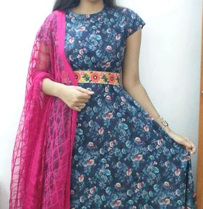 Floral Print Maxi Dress with Dupatta