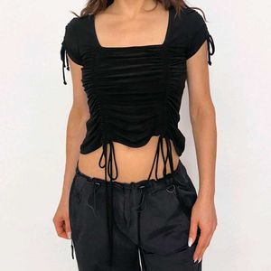Black Ruched Square Neck Crop Top