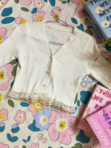 White Cropped Cardigan with Lace Trim
