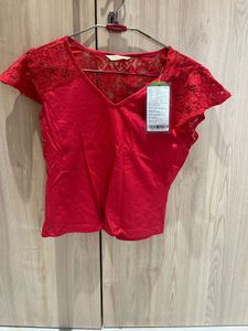 Red Lace Detail V-Neck Top