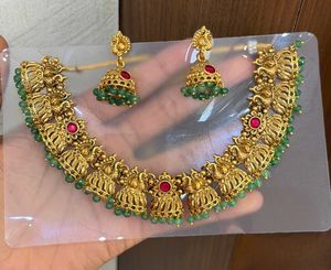 Antique Gold Plated Temple Jewellery Set with Gree