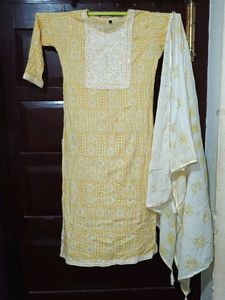 Yellow Printed Kurta with Dupatta