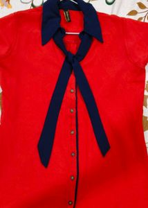 Vibrant Red Top with Navy Blue Collar &amp; Tie