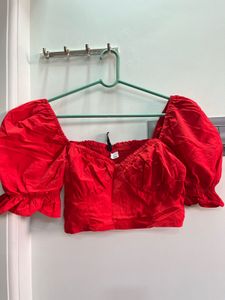 H&M Chic Red Puff Sleeve Crop Top