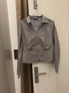 Striped V-Neck Cropped Shirt