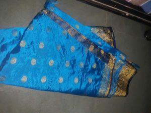 Vibrant Blue Silk Saree with Gold Motifs