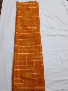 Elegant Orange Saree with Golden Checks