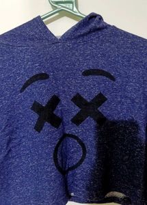 Navy Cropped Hoodie with Graphic Face Print