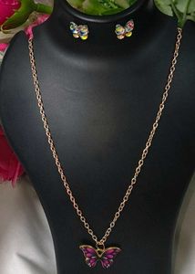 Elegant Gold Chain Metal Fark Pink Necklace &amp; Eyer