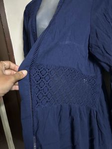 Blue Lace Trim Open Front Cardigan