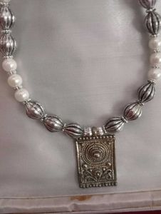 Pearl &amp; Silver Necklace With Grey Earrings