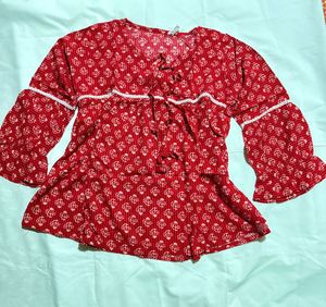 Red Printed Tie-Neck Blouse