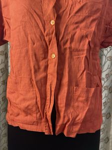Orange Linen Blend Button-Up Top