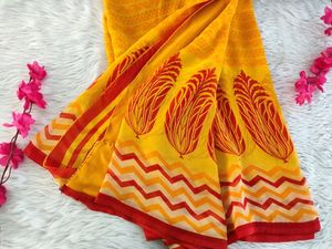 Red And Yellow Printed Chiffon Fancy Saree