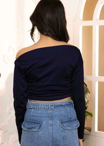 ​Elegant Navy Blue Off-The-Shoulder Ruched Top