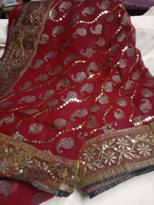 Used Elegant Red Paisley Sequined Saree