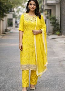 Yellow Mirror Work Kurta