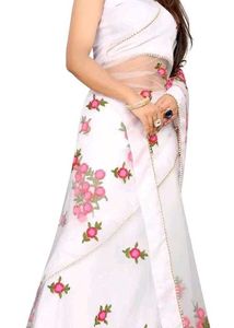 white Net embroidery saree