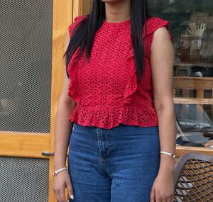Chic Red Eyelet Peplum Top