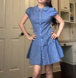 y2k cute Blue Plaid Button-Up Dress