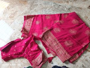Vibrant Pink Silk Saree with Golden Border