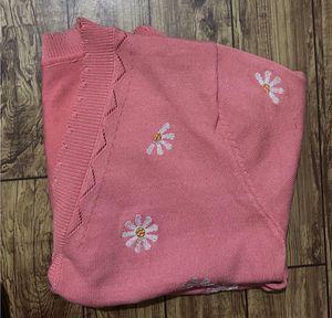 Pink Daisy Embroidered Knit Cardigan