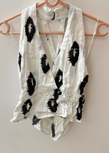 Stylish White & Black Print Halter Top