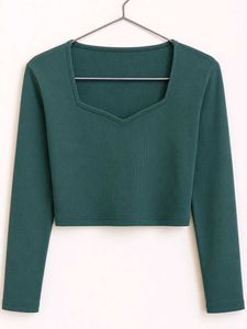 Teal Green Square Neck Long Sleeve Crop Top