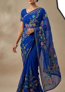 Royal Blue Floral Embroidered Saree