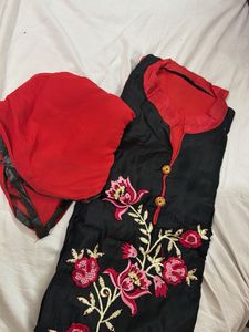 Elegant Black Kurta Set with Red Dupatta