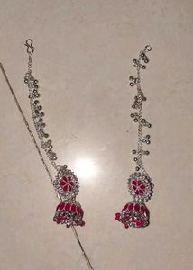 Magenta Jhumka Earring with Hair Chain