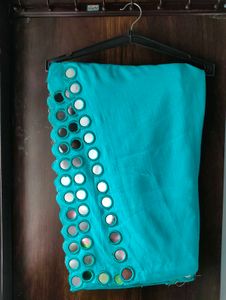 Elegant Teal Saree with Mirror Work Border