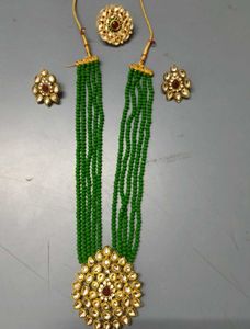Green Beaded Necklace with Earrings & Ring