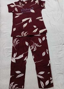 New Maroon Leaf Print Pajama Set